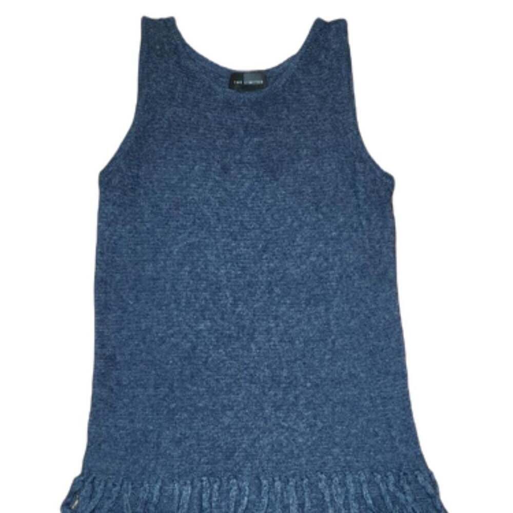 The Limited Blue Knit Tank Top Size S Sleeveless Fringe Hem Tassels